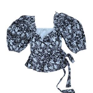 St. Roche Black Floral Puff Sleeve Wrap Blouse XS